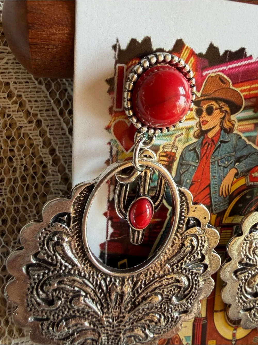 Brand NEW Western Cowboy Cowgirl Red Stone turquoise Dangle Cactus Earrings